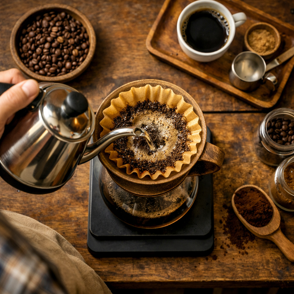 コーヒーを上から注ぐシーン